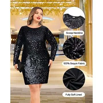 Pinup Fashion Plus Size Sequin Dresses Black Long Sleeve New Year Party Sparkle Sparkly Cocktail Glitter Prom Mini Bodycon Dress Women