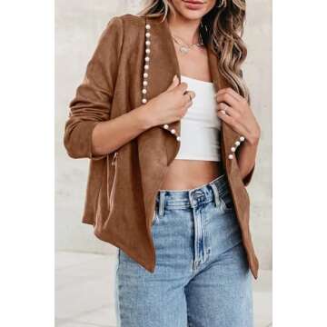 Kedera Womens Faux Suede Jackets With Pearls Fall Fashion 2024 Outfits Open Front Cropped Biker Bomb...