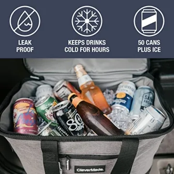 CleverMade Collapsible Cooler Bag, 50 Can Beach & Travel Car Cooler, Folding Soft Cooler, Shoulder Strap, Bottle Opener, Great Car Coolers for Travel, Leak Proof Cooler Bag [Charcoal/Black]