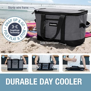 CleverMade Collapsible Cooler Bag, 50 Can Beach & Travel Car Cooler, Folding Soft Cooler, Shoulder Strap, Bottle Opener, Great Car Coolers for Travel, Leak Proof Cooler Bag [Charcoal/Black]