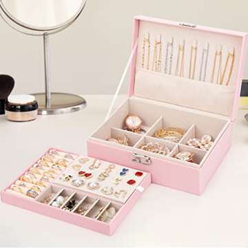 GOLVER 2 Pack jewelry box Jewelry Organizer for Women 2 Layer Girls Jewelry Boxes for Earring Necklaces Watch Rings With An Extra Small Jewelry Case forTravel Pink