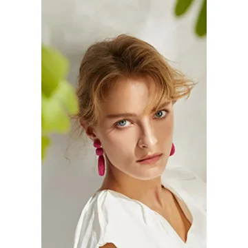 Boho Raffia Ball Earrings for Women, Statement Raffia Round Drop Earrings - Summer Beach Vacation Jewelry (B-HOT PINK)