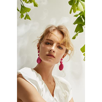 Boho Raffia Ball Earrings for Women, Statement Raffia Round Drop Earrings - Summer Beach Vacation Jewelry (B-HOT PINK)