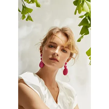 Boho Raffia Ball Earrings for Women, Statement Raffia Round Drop Earrings - Summer Beach Vacation Jewelry (B-HOT PINK)