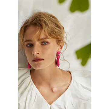 Boho Raffia Ball Earrings for Women, Statement Raffia Round Drop Earrings - Summer Beach Vacation Jewelry (B-HOT PINK)