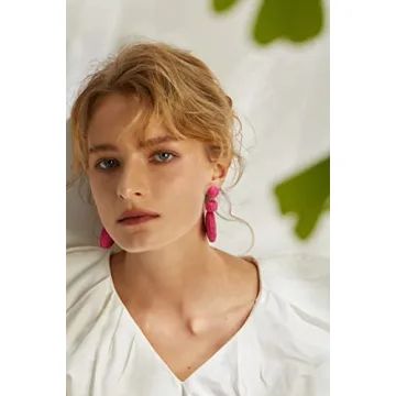 Boho Raffia Ball Earrings for Women, Statement Raffia Round Drop Earrings - Summer Beach Vacation Jewelry (B-HOT PINK)