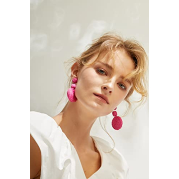 Boho Raffia Ball Earrings for Women, Statement Raffia Round Drop Earrings - Summer Beach Vacation Jewelry (B-HOT PINK)