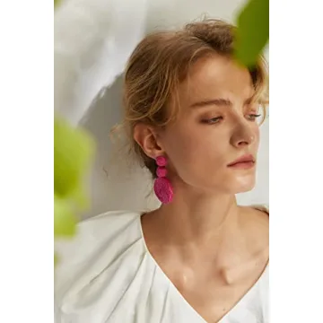 Boho Raffia Ball Earrings for Women, Statement Raffia Round Drop Earrings - Summer Beach Vacation Jewelry (B-HOT PINK)