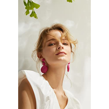 Boho Raffia Ball Earrings for Women, Statement Raffia Round Drop Earrings - Summer Beach Vacation Jewelry (B-HOT PINK)