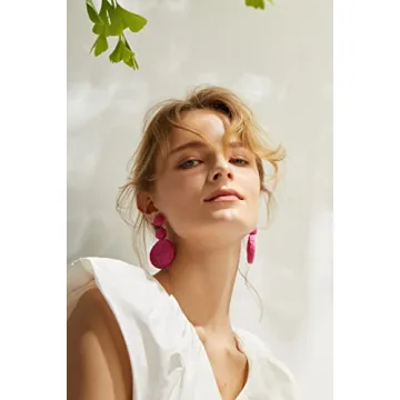 Boho Raffia Ball Earrings for Women, Statement Raffia Round Drop Earrings - Summer Beach Vacation Jewelry (B-HOT PINK)