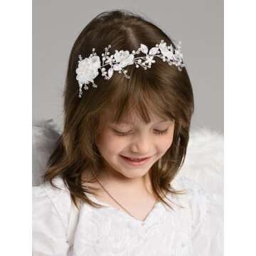 SWEETV Silver Flower Girl Headpiece – Elegant Pearl and Crystal Hair Accessory for Weddings & Part...