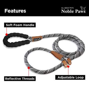 Premium Slip Lead Dog Leash, Strong & Durable Mountain Climbing Rope, No More Leash Pulling by Noble Paws, Black & White, 5 FT x 12 MM