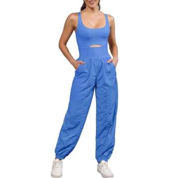 ReachMe Womens Running Onesie Athletic Romper Pants Hiking Outfits One Piece Workout Jumpsuits with Pockets(Blue,S)