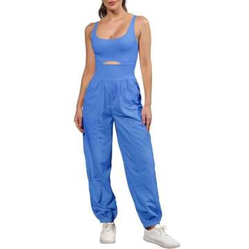 ReachMe Womens Running Onesie Athletic Romper Pants Hiking Outfits One Piece Workout Jumpsuits with Pockets(Blue,S)