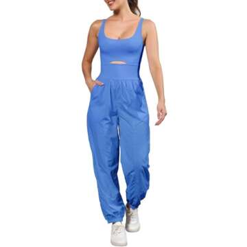 ReachMe Womens Running Onesie Athletic Romper Pants Hiking Outfits One Piece Workout Jumpsuits with Pockets(Blue,S)