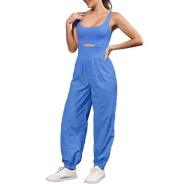 ReachMe Womens Running Onesie Athletic Romper Pants Hiking Outfits One Piece Workout Jumpsuits with Pockets(Blue,S)