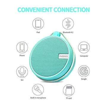 INSMY C12 IPX7 Waterproof Shower Bluetooth Speaker, Portable Small Speaker, Speakers Bluetooth Wireless Loud Clear Sound Support TF Card Suction Cup for Outdoor Kayak Canoe Beach Gift (Mint)