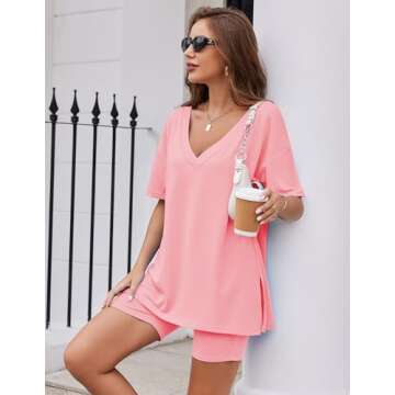 Ekouaer Womens Pajamas 2 Piece Lounge Sets Oversized V Neck T-Shirts Tops Biker Shorts Set Workout Reversible Tracksuit Orange Pink, Medium