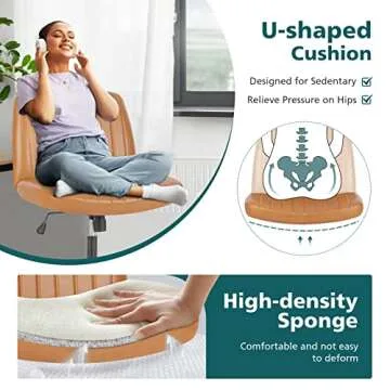 OLIXIS Cross Legged Armless Wide Adjustable Swivel Padded Leather Home Office Desk Chair No Wheels