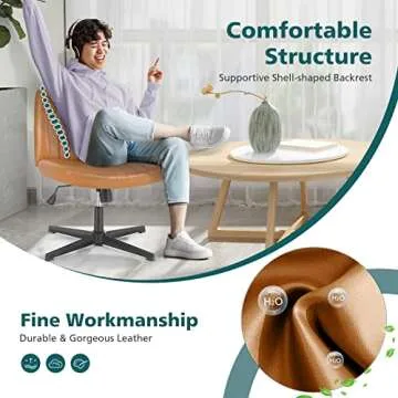 OLIXIS Cross Legged Armless Wide Adjustable Swivel Padded Leather Home Office Desk Chair No Wheels