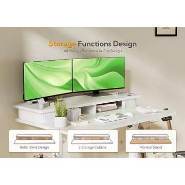 Claiks Standing Desk with Roller Shutter Door, Electric Standing Desk Adjustable Height, Adjustable Standing Desk with Storage Shelves, 48 Inch White