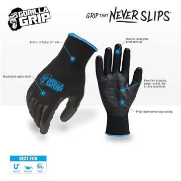 Gorilla Grip Gloves, Max Grip, All Purpose Work Gloves, Slip Resistant, Nylon Shell, Large, 1 Pair