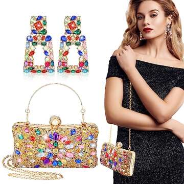 Silkfly Rhinestone Clutch Purses for Women Colorful Statement Earrings Crystal Evening Clutches for Wedding and Party Geometric Drop Colorful Dangle Earrings Shoulder Diamond Bag Prom Handbags