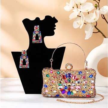 Silkfly Rhinestone Clutch Purses for Women Colorful Statement Earrings Crystal Evening Clutches for Wedding and Party Geometric Drop Colorful Dangle Earrings Shoulder Diamond Bag Prom Handbags