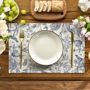 Artoid Mode Hydrangea Flowers Branches Chinoiserie Spring Placemats Set of 4, 12x18 Inch Table Mats for Party Kitchen Dining Decoration