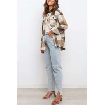 AUTOMET Womens Fall Outfits Fashion Clothes Shackets Flannel Plaid Button Down Long Sleeve Shirts Jackets Brown S