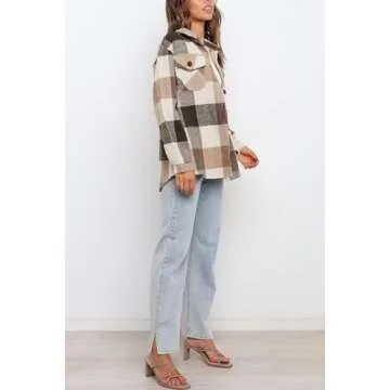 AUTOMET Womens Fall Outfits Fashion Clothes Shackets Flannel Plaid Button Down Long Sleeve Shirts Jackets Brown S