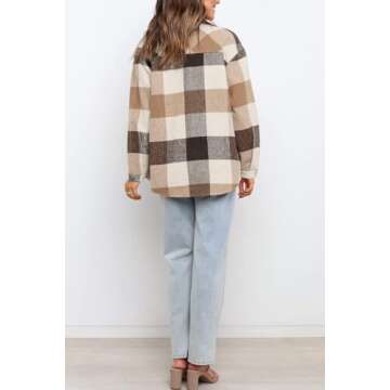 AUTOMET Womens Fall Outfits Fashion Clothes Shackets Flannel Plaid Button Down Long Sleeve Shirts Jackets Brown S