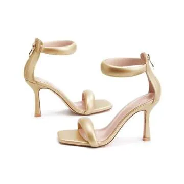Coutgo Women's One Strap Heeled Sandals Square Open Toe Stiletto Heels Ankle Buckle Strap Summer Pump Shoes, Gold, Size 7.5