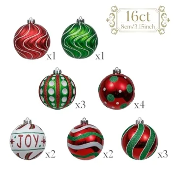 Valery Madelyn Christmas Ornaments Set, 16ct Red Green White Shatterproof Christmas Tree Decorations Ball Ornaments Bulk, 3.15 Inch Hanging Ornaments for Xmas Trees Holiday Party Decor