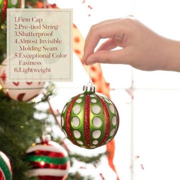 Valery Madelyn Christmas Ornaments Set, 16ct Red Green White Shatterproof Christmas Tree Decorations Ball Ornaments Bulk, 3.15 Inch Hanging Ornaments for Xmas Trees Holiday Party Decor
