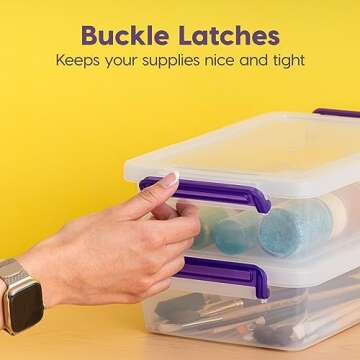 IRIS USA 2.7 Qt. Small Plastic Storage Bins with Lids, 10 Pack, Art and Craft Supply Storage Organizers, Office Supply Flat Storage Container, Stackable Clear Storage Box, Secure Latch, Clear/Violet