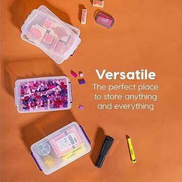 IRIS USA 2.7 Qt. Small Plastic Storage Bins with Lids, 10 Pack, Art and Craft Supply Storage Organizers, Office Supply Flat Storage Container, Stackable Clear Storage Box, Secure Latch, Clear/Violet