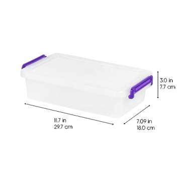 IRIS USA 2.7 Qt. Small Plastic Storage Bins with Lids, 10 Pack, Art and Craft Supply Storage Organizers, Office Supply Flat Storage Container, Stackable Clear Storage Box, Secure Latch, Clear/Violet