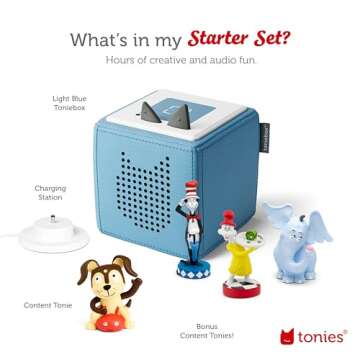 Toniebox Audio Starter Set with Cat in The Hat, Sam-l-Am, Horton Hears a Who!, and Playtime Puppy - Listen, Learn, and Play with One Huggable Little Box - Light Blue