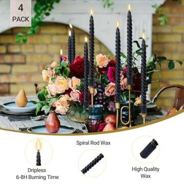 10 Inch Black Spiral Taper Candles for Dinner Party Halloween Home Decoration, 4 Pack Twisted Candlesticks for Wiccan Rituals Funeral and Memorial Services