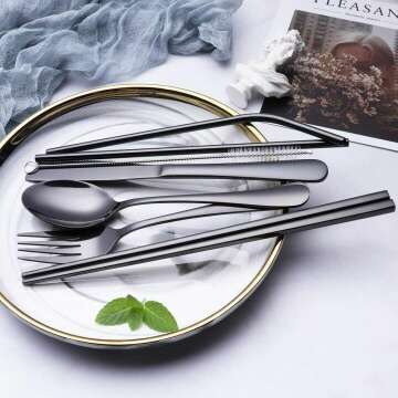 Travel Flatware Set with Waterproof Case (Black)