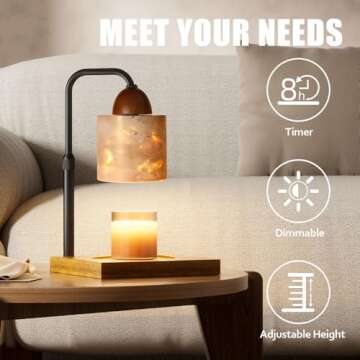 VANCE HOME Candle Warmer Lamp with Timer, Adjustable Height Dimmable Candle Lamp Warmer for Bedroom, Wax Warmer Lamp for Scented Candles with Marble, 2 Bulbs House Warming Gifts for Mom (Cylinder)