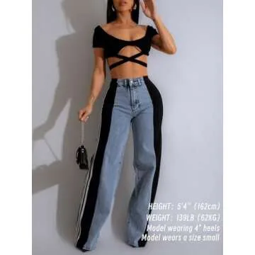 Angsuttc Womens Jeans with Patchwork Stripes High Waisted Stretchy Denim Color Block Straight Wide L...