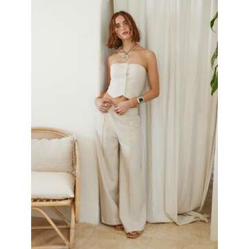 CIDER French Riviera Vacation Linen-Blend Button Tube Crop Top: Beige, M