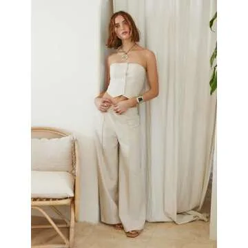 CIDER French Riviera Vacation Linen-Blend Button Tube Crop Top: Beige, M