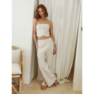 CIDER French Riviera Vacation Linen-Blend Button Tube Crop Top: Beige, M