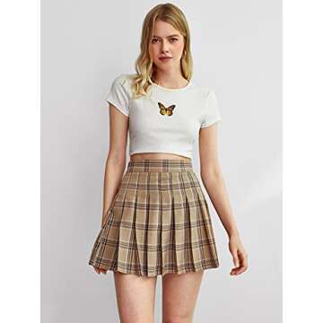 WDIRARA Women's Casual Plaid High Waist Pleated A-Line Uniform Mini Skirt Khaki L