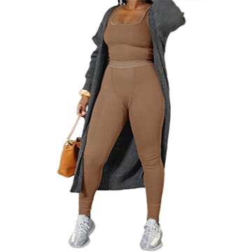 AYWA Casual Workout Sets Two Piece Outfits for Women Ribbed Crop Tank Top High Waist Leggings Active Wear (Brown, X-Large)