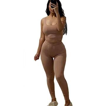 AYWA Casual Workout Sets Two Piece Outfits for Women Ribbed Crop Tank Top High Waist Leggings Active Wear (Brown, X-Large)