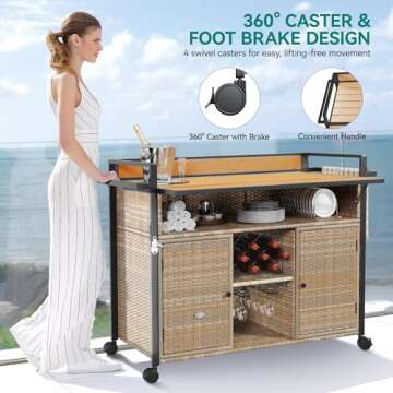 YITAHOME XL Outdoor Kitchen Wicker Island Rolling Cart Bar Table & Storage Cabinet, Wheels and Plast...